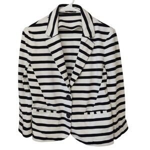 Express Blazer Womens Medium Black White Striped Knit Jersey Two Button Jacket